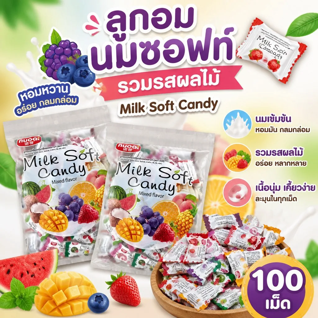 ลูกอมนมหนึบ Milk Soft Candy รวมรสผลไม้ (ยกลัง 24 ซอง) รูปที่ 2