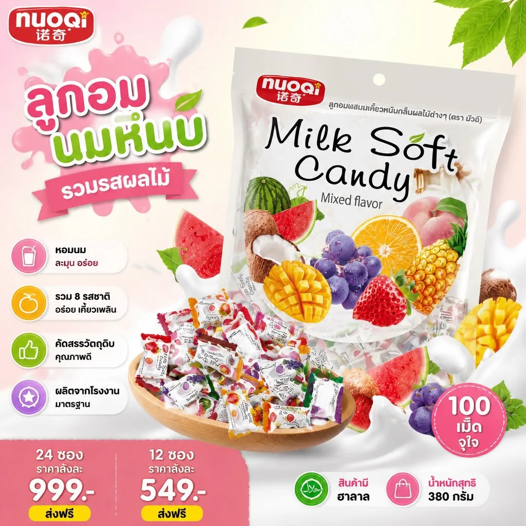 ลูกอมนมหนึบ Milk Soft Candy รวมรสผลไม้ (ยกลัง 24 ซอง) รูปที่ 3