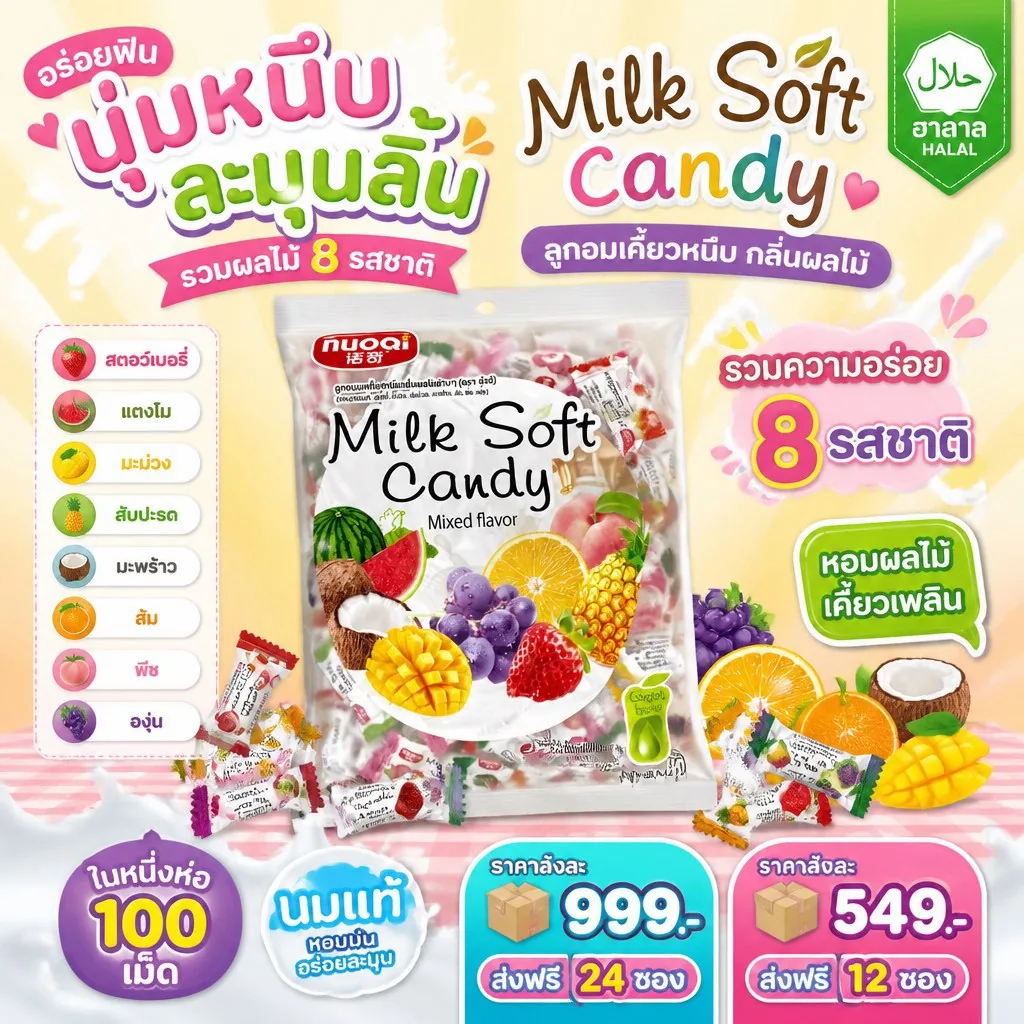 ลูกอมนมหนึบ Milk Soft Candy รวมรสผลไม้ (ยกลัง 24 ซอง) รูปที่ 4